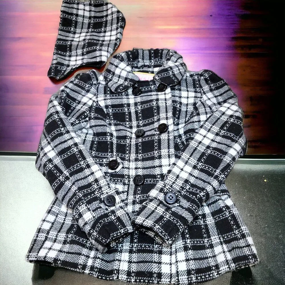 Double-breasted black white plaid jacket with removeable hood - Picture 3 of 8